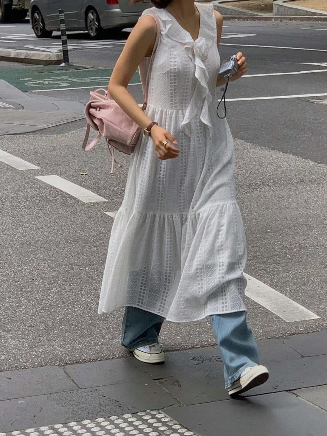 White Ruffled Midi Dress